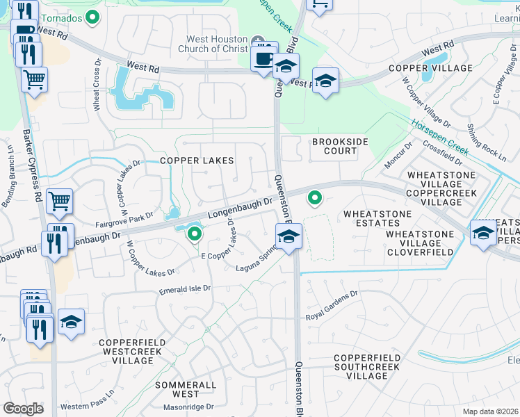 map of restaurants, bars, coffee shops, grocery stores, and more near 17015 Cross Springs Drive in Houston