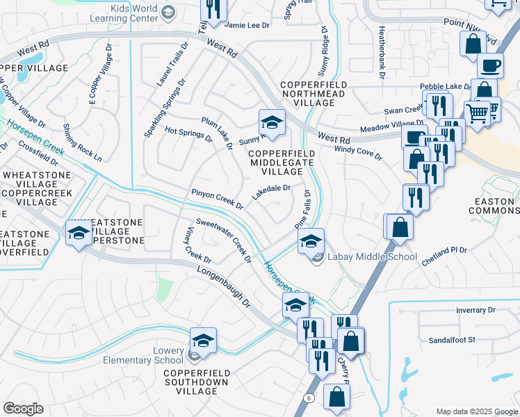 map of restaurants, bars, coffee shops, grocery stores, and more near 8111 Silver Fir Drive in Houston