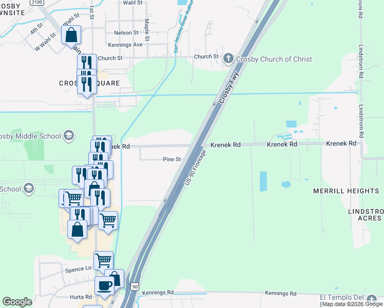 map of restaurants, bars, coffee shops, grocery stores, and more near 3201 U.S. 90 in Crosby