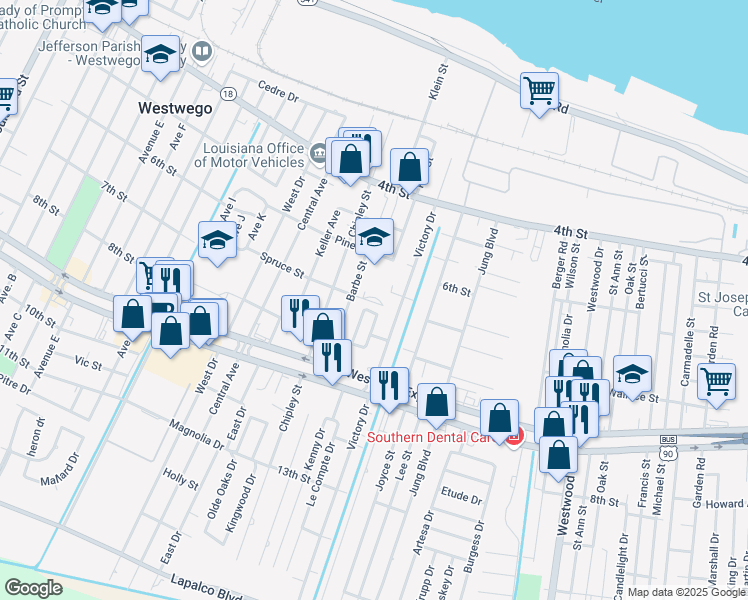 map of restaurants, bars, coffee shops, grocery stores, and more near 1525 Spruce Street in Westwego