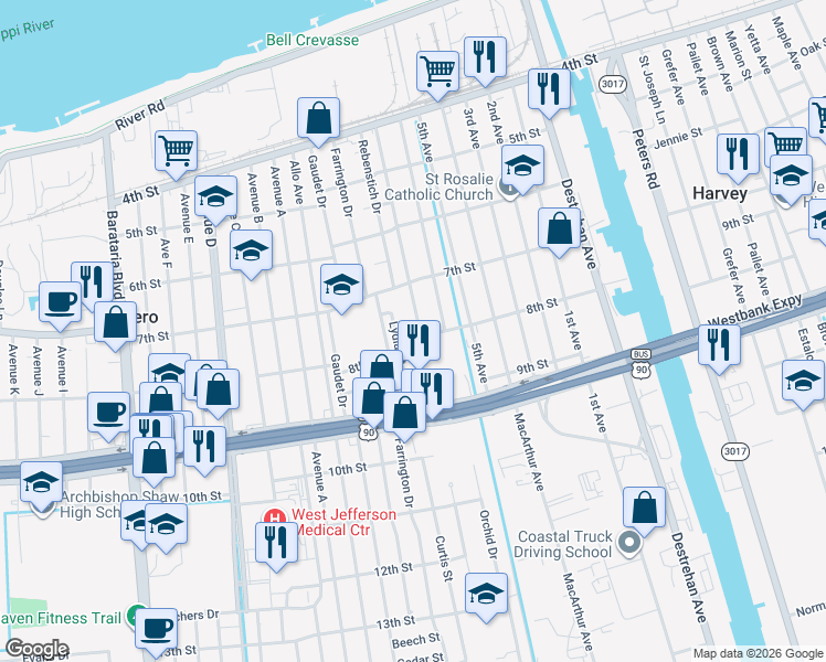 map of restaurants, bars, coffee shops, grocery stores, and more near 728 Bellanger Street in Harvey