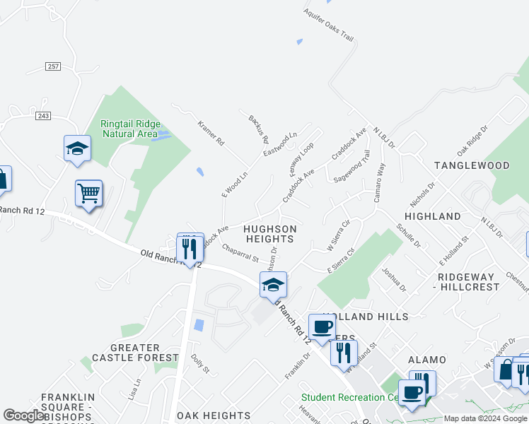 map of restaurants, bars, coffee shops, grocery stores, and more near 104 Lady Bird Lane in San Marcos