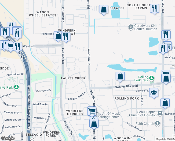 map of restaurants, bars, coffee shops, grocery stores, and more near 8823 Village Terrace in Houston