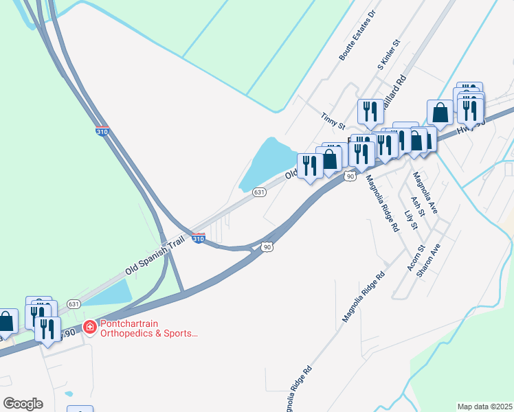 map of restaurants, bars, coffee shops, grocery stores, and more near 13727 Old Spanish Trail in Boutte