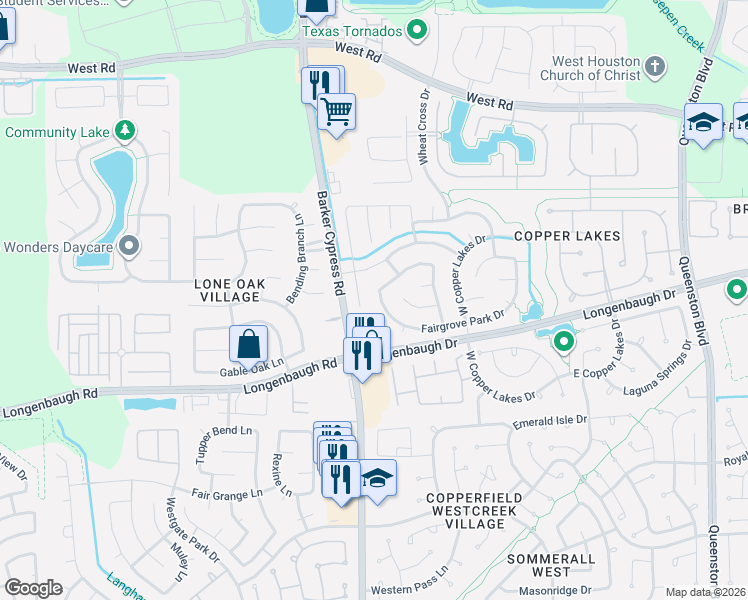 map of restaurants, bars, coffee shops, grocery stores, and more near 8322 Brighton Lake Lane in Houston