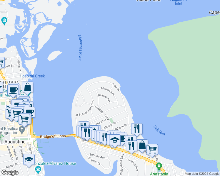 map of restaurants, bars, coffee shops, grocery stores, and more near 2 Murat Street in St. Augustine
