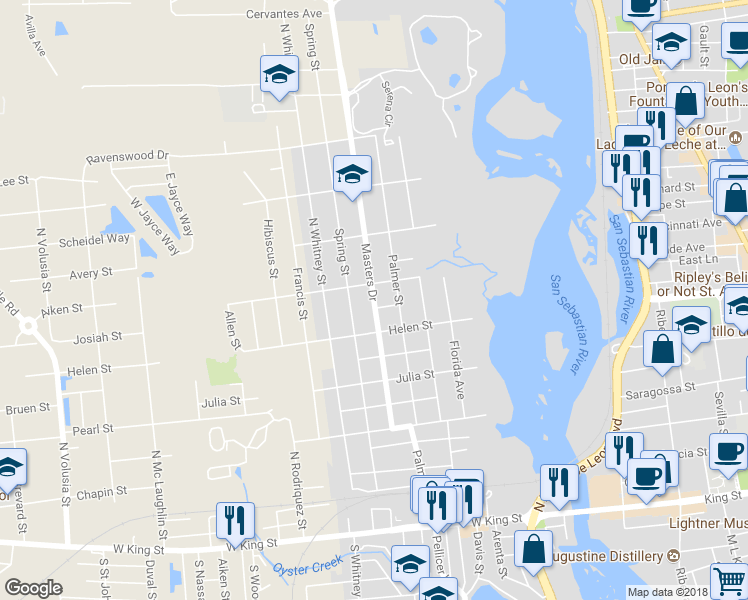 map of restaurants, bars, coffee shops, grocery stores, and more near 64 Masters Drive in Saint Augustine