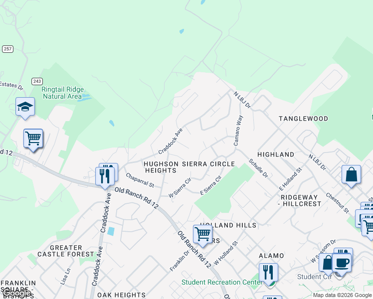 map of restaurants, bars, coffee shops, grocery stores, and more near 113/115 Crest Drive in San Marcos
