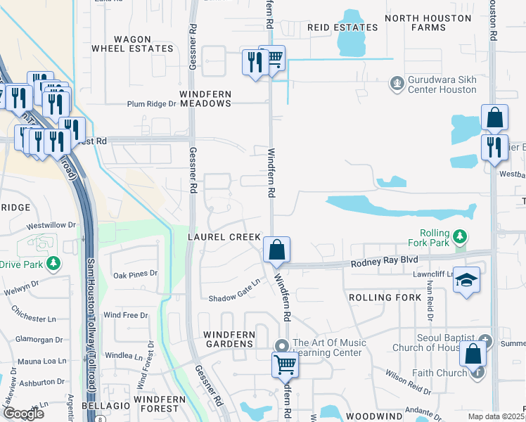 map of restaurants, bars, coffee shops, grocery stores, and more near 8823 Village Terrace in Houston