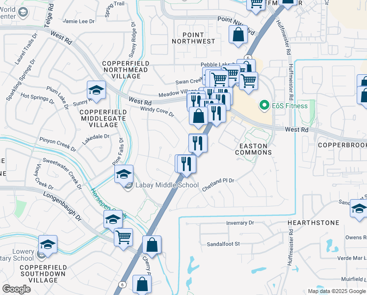 map of restaurants, bars, coffee shops, grocery stores, and more near 8307 Clover Gardens Drive in Houston
