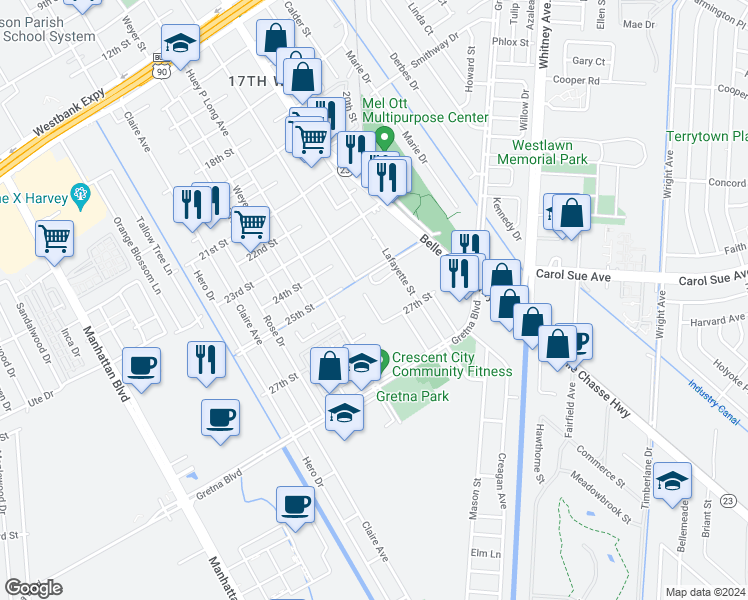 map of restaurants, bars, coffee shops, grocery stores, and more near 23 Mary Ann Place in Gretna