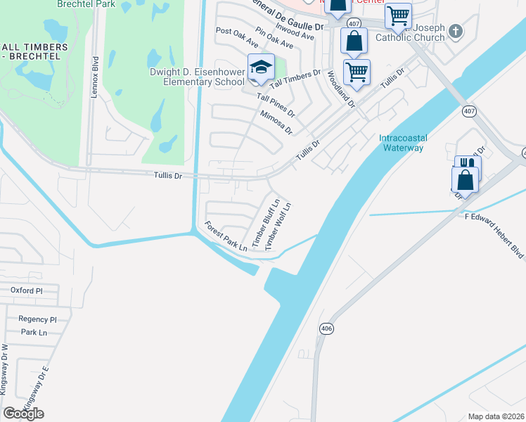 map of restaurants, bars, coffee shops, grocery stores, and more near 3519 Timber Bluff Lane in New Orleans