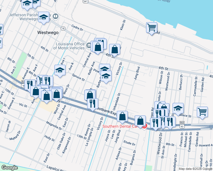 map of restaurants, bars, coffee shops, grocery stores, and more near 1525 Spruce Street in Westwego