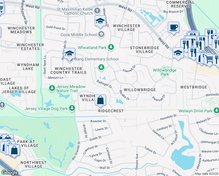 map of restaurants, bars, coffee shops, grocery stores, and more near 8711 Ballinger Drive in Houston
