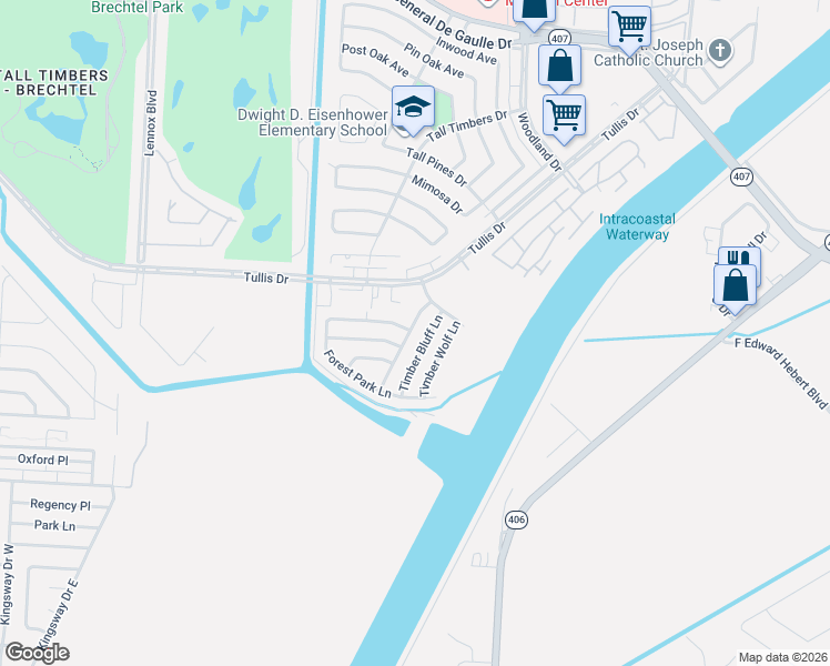 map of restaurants, bars, coffee shops, grocery stores, and more near 3519 Timber Bluff Lane in New Orleans