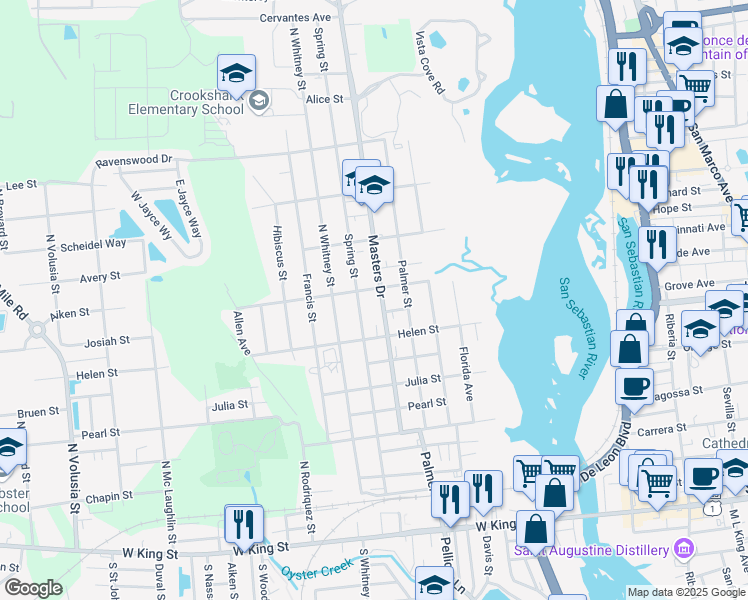 map of restaurants, bars, coffee shops, grocery stores, and more near 69 Masters Drive in St. Augustine