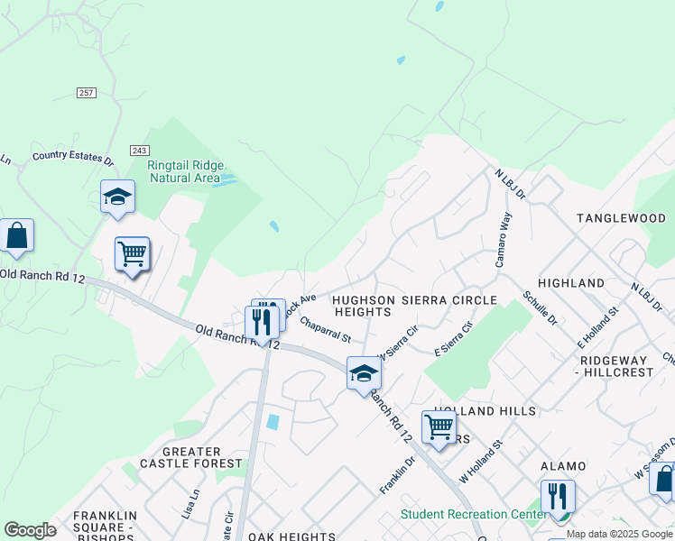 map of restaurants, bars, coffee shops, grocery stores, and more near 104 Lady Bird Lane in San Marcos