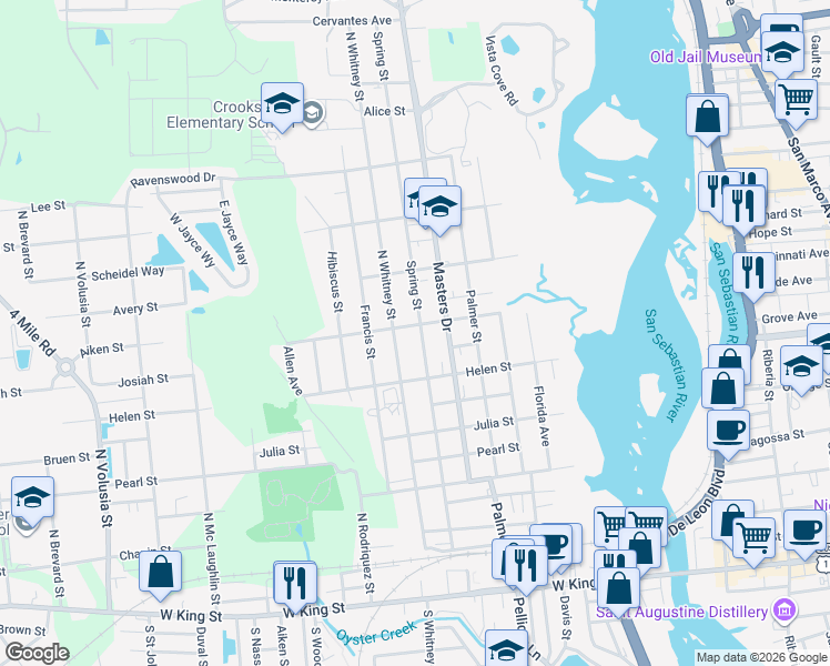 map of restaurants, bars, coffee shops, grocery stores, and more near 200 Spring Street in St. Augustine