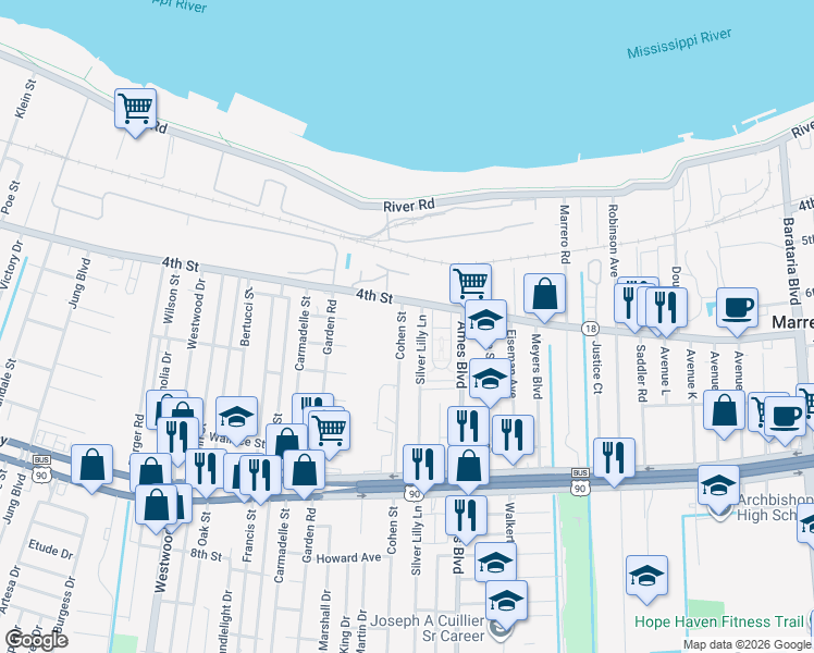 map of restaurants, bars, coffee shops, grocery stores, and more near 416 Silver Lilly Lane in Marrero