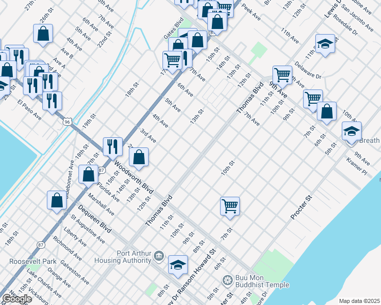map of restaurants, bars, coffee shops, grocery stores, and more near 3137 12th Street in Port Arthur