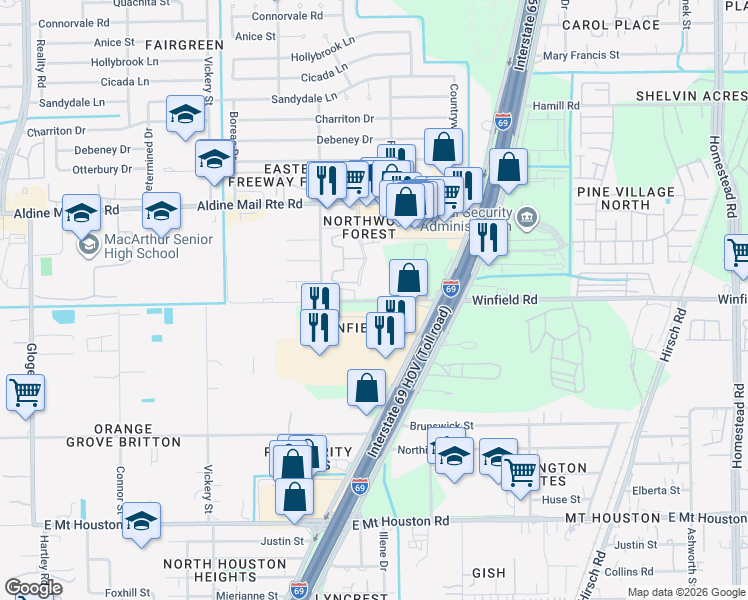 map of restaurants, bars, coffee shops, grocery stores, and more near 4955 Winfield Road in Houston