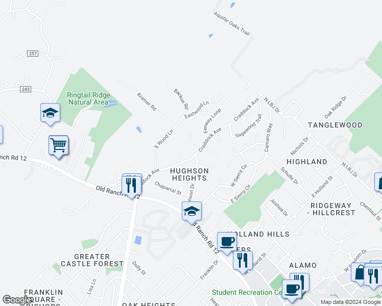 map of restaurants, bars, coffee shops, grocery stores, and more near 104 Lady Bird Lane in San Marcos