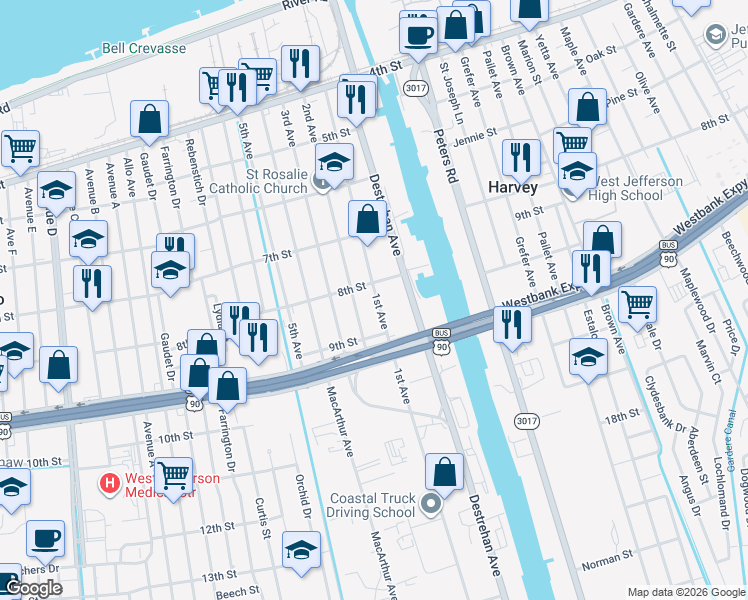 map of restaurants, bars, coffee shops, grocery stores, and more near 830 1st Avenue in Harvey