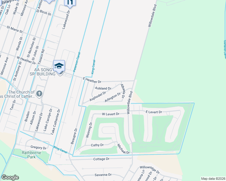 map of restaurants, bars, coffee shops, grocery stores, and more near 111 Asphodel Drive in Luling