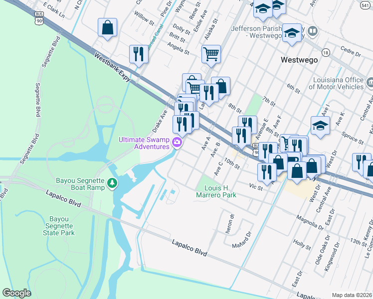 map of restaurants, bars, coffee shops, grocery stores, and more near 130 10th Street in Westwego
