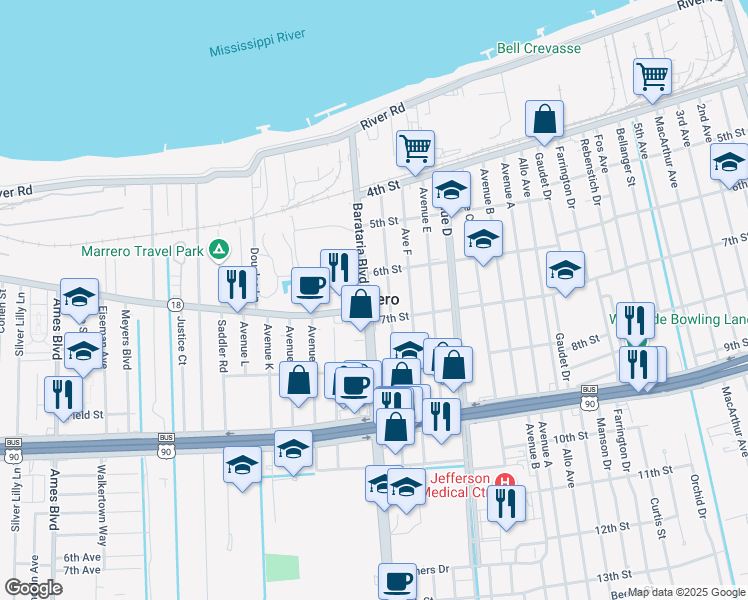 map of restaurants, bars, coffee shops, grocery stores, and more near 625 Barataria Boulevard in Marrero