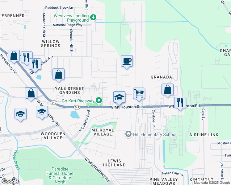 map of restaurants, bars, coffee shops, grocery stores, and more near 11514 Bodark Valley Lane in Houston
