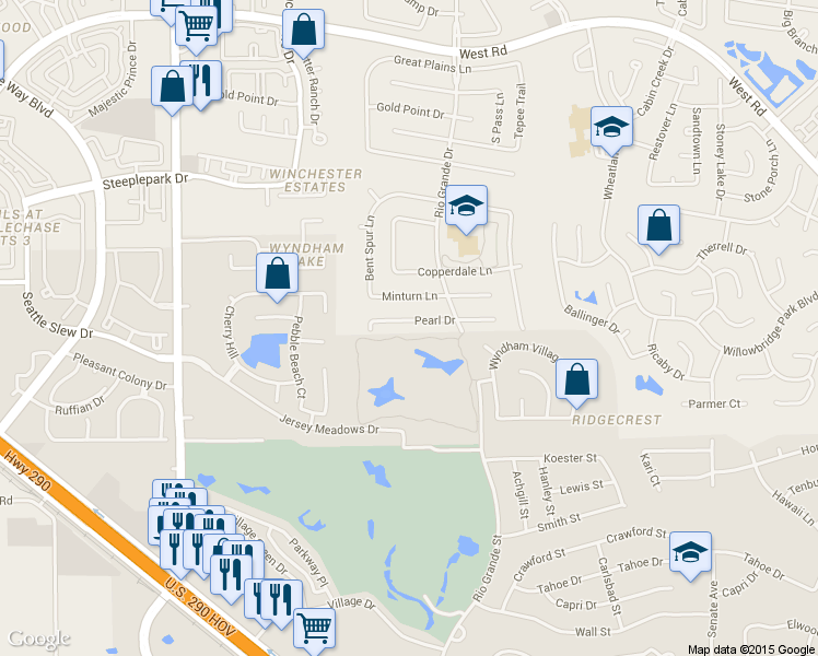 map of restaurants, bars, coffee shops, grocery stores, and more near 10503 Pearl Drive in Houston