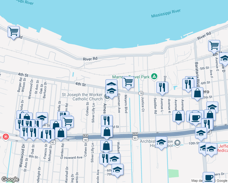 map of restaurants, bars, coffee shops, grocery stores, and more near 6119 4th Street in Marrero