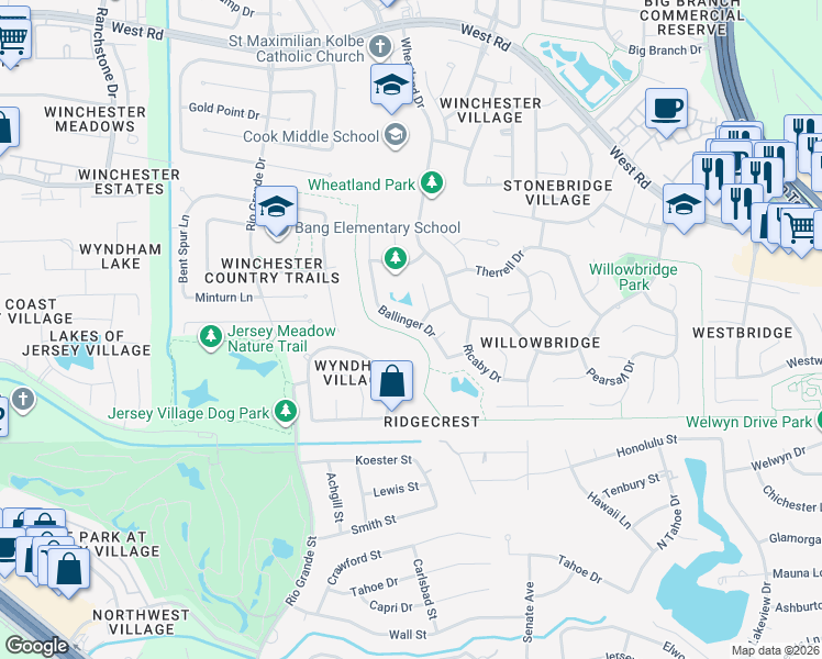 map of restaurants, bars, coffee shops, grocery stores, and more near 8711 Ballinger Drive in Houston