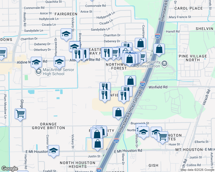map of restaurants, bars, coffee shops, grocery stores, and more near 12003 Macnaughton Drive in Houston