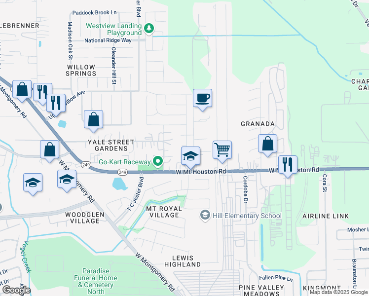 map of restaurants, bars, coffee shops, grocery stores, and more near 11514 Bodark Valley Lane in Houston