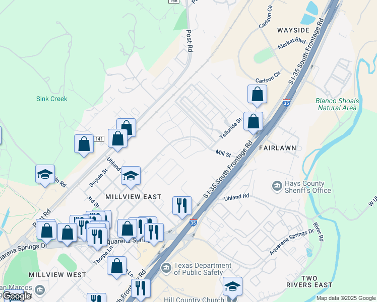 map of restaurants, bars, coffee shops, grocery stores, and more near 664 Mill Street in San Marcos