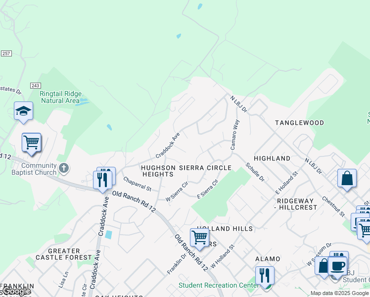 map of restaurants, bars, coffee shops, grocery stores, and more near 113/115 Crest Drive in San Marcos