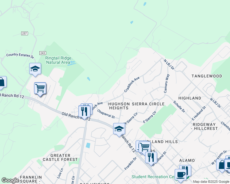 map of restaurants, bars, coffee shops, grocery stores, and more near 104 Lady Bird Lane in San Marcos
