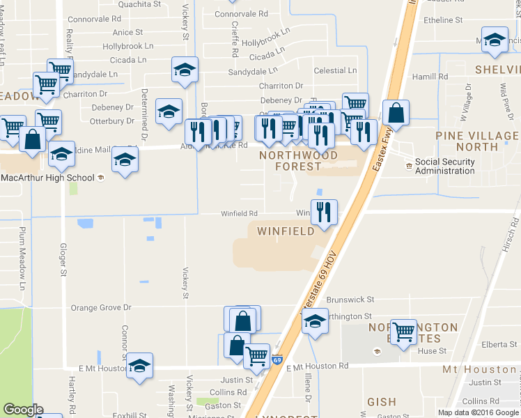 map of restaurants, bars, coffee shops, grocery stores, and more near 12003 Macnaughton Drive in Houston