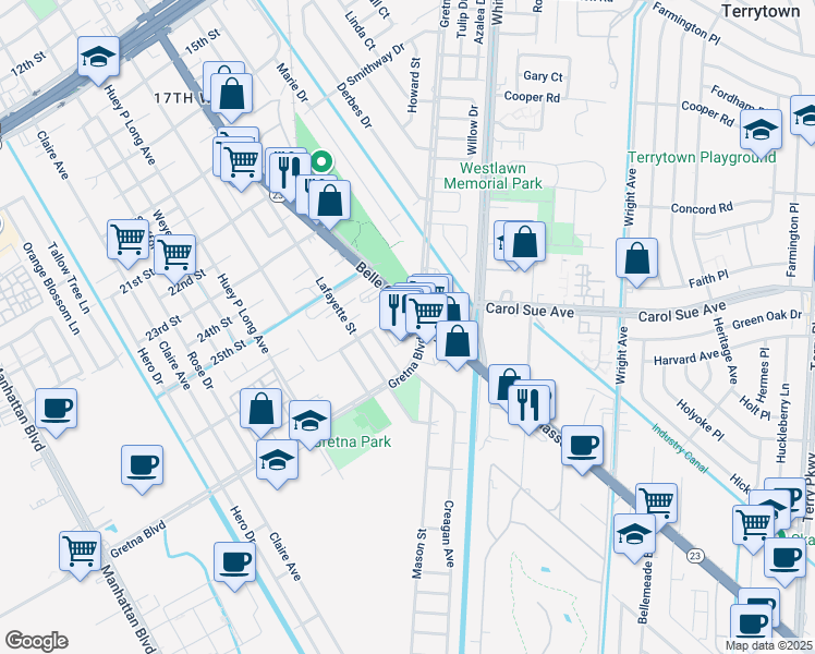 map of restaurants, bars, coffee shops, grocery stores, and more near 501 Gretna Blvd in Gretna