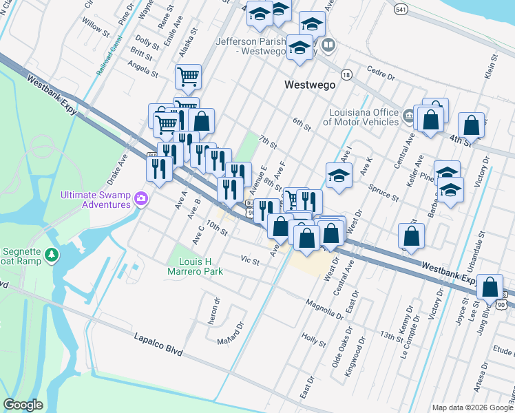 map of restaurants, bars, coffee shops, grocery stores, and more near 637 Westbank Expressway in Westwego