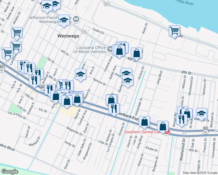map of restaurants, bars, coffee shops, grocery stores, and more near 801 Keller Avenue in Westwego
