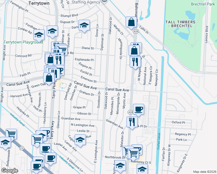 map of restaurants, bars, coffee shops, grocery stores, and more near 2201 Carol Sue Avenue in Terrytown