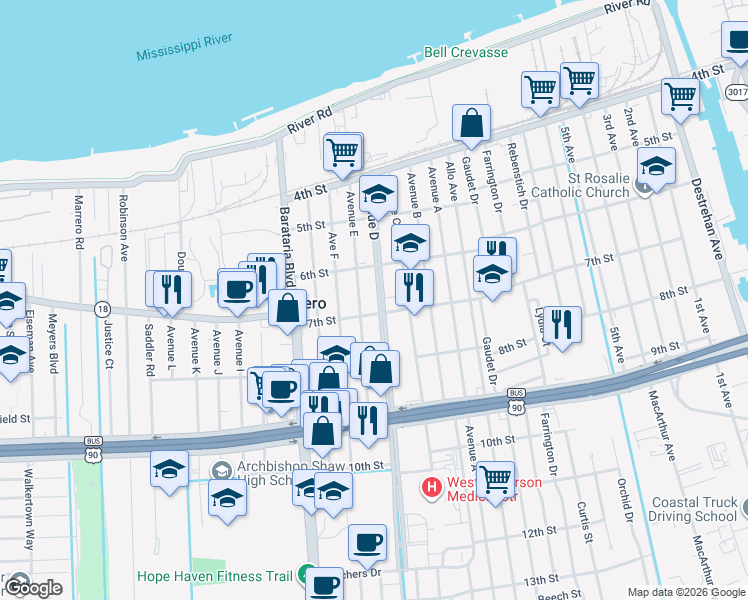 map of restaurants, bars, coffee shops, grocery stores, and more near 623 Avenue East in Marrero