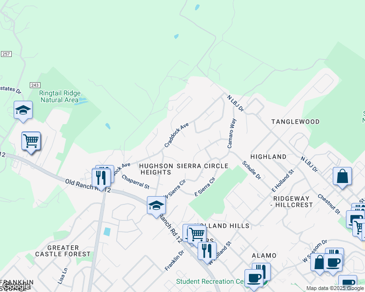 map of restaurants, bars, coffee shops, grocery stores, and more near 113/115 Crest Drive in San Marcos
