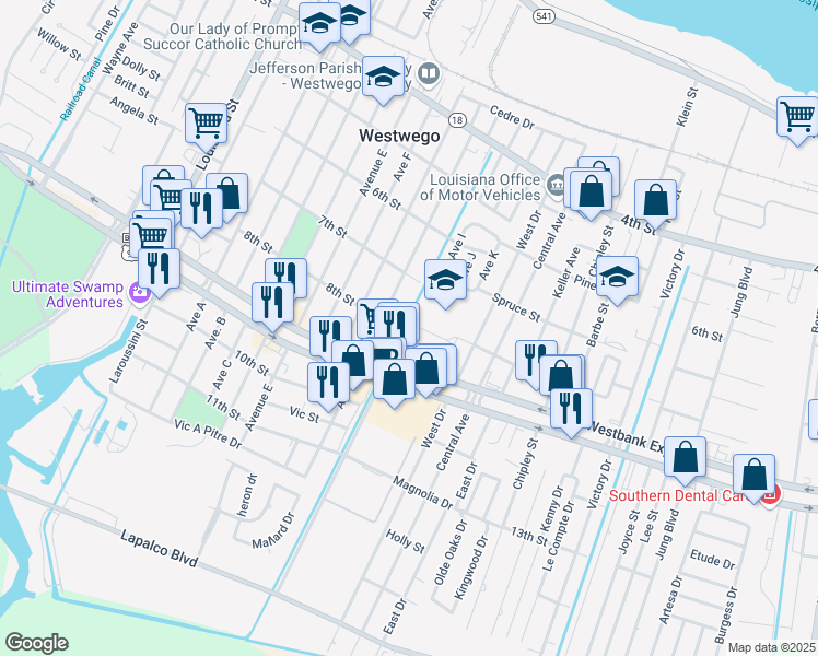 map of restaurants, bars, coffee shops, grocery stores, and more near 801 Spartan Lane in Westwego