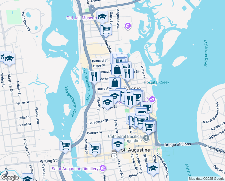 map of restaurants, bars, coffee shops, grocery stores, and more near 19 Grove Avenue in St. Augustine