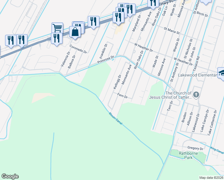 map of restaurants, bars, coffee shops, grocery stores, and more near 446 Kellogg Drive in Luling