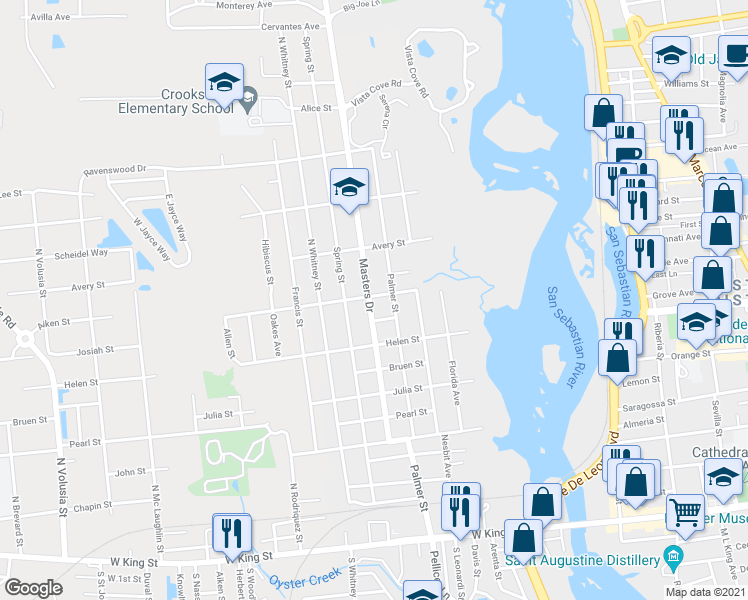 map of restaurants, bars, coffee shops, grocery stores, and more near 69 Masters Drive in St. Augustine